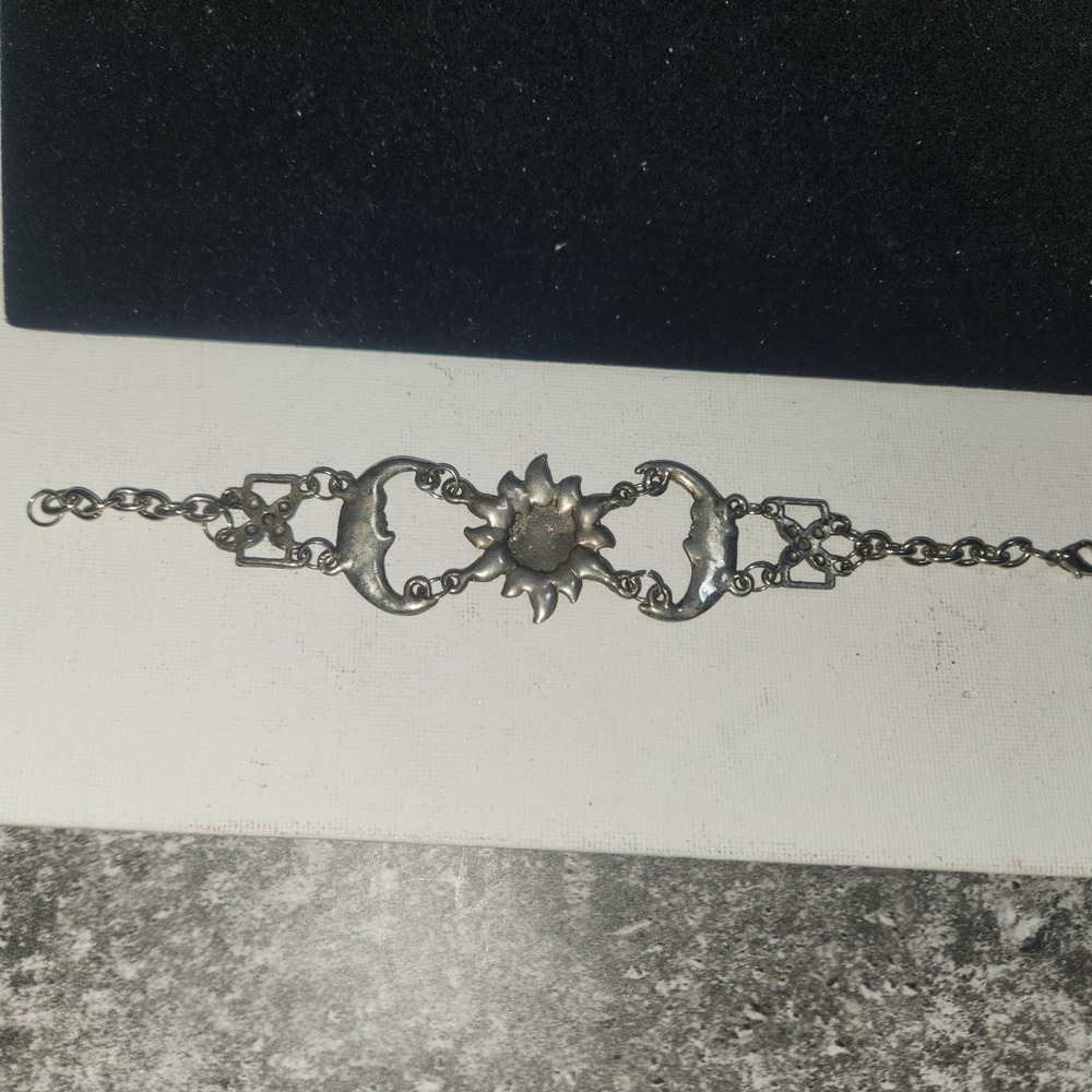 Celestial Sun Moon Link Bracelet Silver Tone Black Cabochon Boho Mystical - Picture 8 of 14